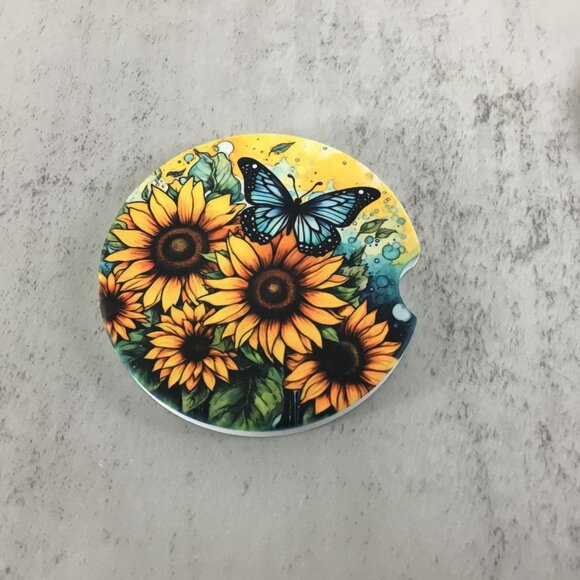 Sunflowers and Butterflies Car Coasters - Set of 2 Sandstone Coasters - Picture 2 of 6